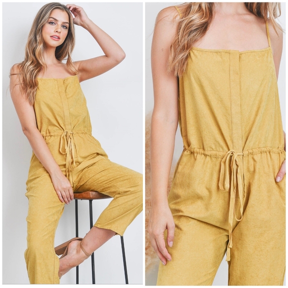 BLUE BLUSH Chic Mustard Woven Sueded Spaghetti Straps Jumpsuit - Picture 3 of 6